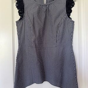 CAbi Blue and White Ruffled Sleeveless Blouse